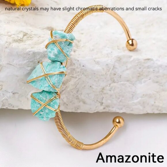 Natural Amazonite Gemstone Gold Tone Wire Wrapped Cuff Bangle and Ring Set - Picture 3 of 8